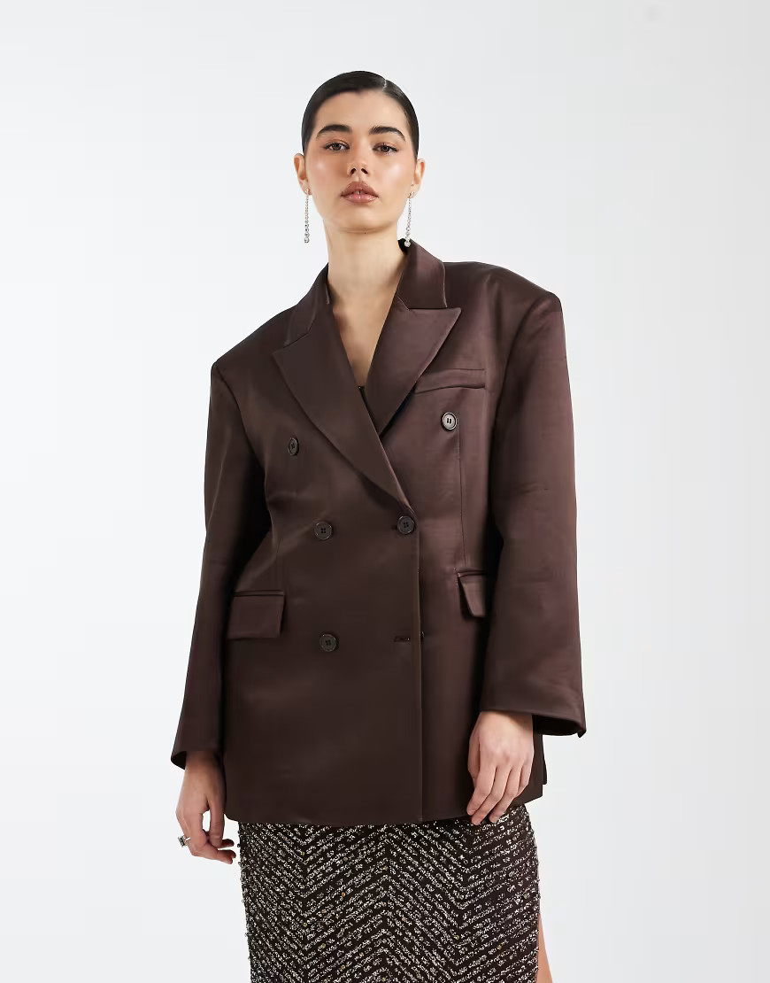 ASOS DESIGN oversized double-breasted satin blazer in chocolate brown