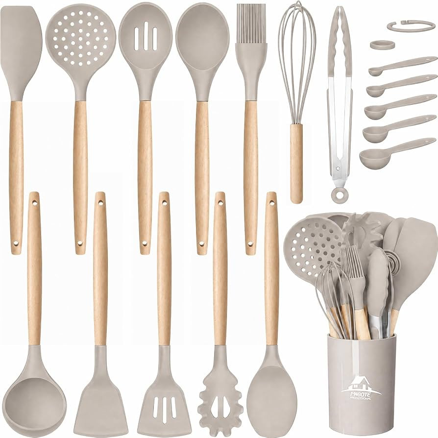 MIBOTE Silicone Cooking Kitchen Utensils Set, Wooden Handle, Khaki | Amazon (US)