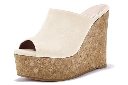 LAICIGO Womens Wedge Platform Slide on Sandals Open Toe Cork Faux Suede Dress Summer Slippers Shoes,Apricot,Size 9.5 | Amazon (US)