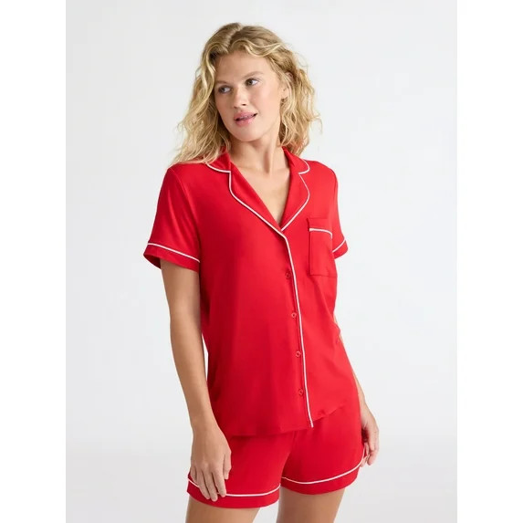 Joyspun Women’s Dreamy Soft Collection Notch Collar Knit Top and Boxer Shorts Pajama Set, Sizes... | Walmart (US)