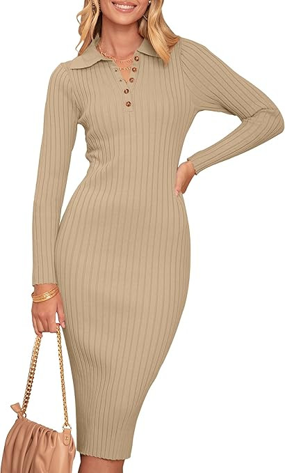 MEROKEETY Womens 2023 V Neck Ribbed Sweater Dress Long Sleeve Bodycon Knit Midi Dresses | Amazon (US)
