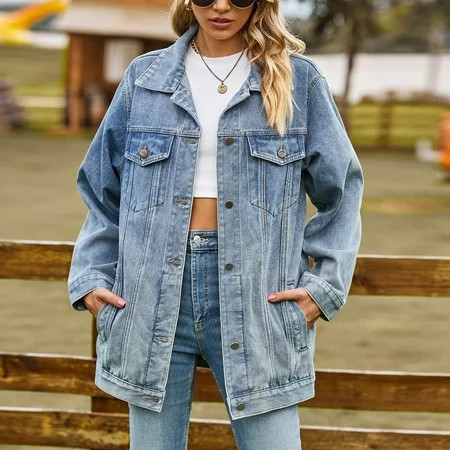 VKOYWKM Womens Oversized Jean Jacket Fall Long Sleeve Jean Outerwear Collared Button Down Denim Jacket Loose Boyfriend Trucker Jacket with Pockets | Walmart (US)