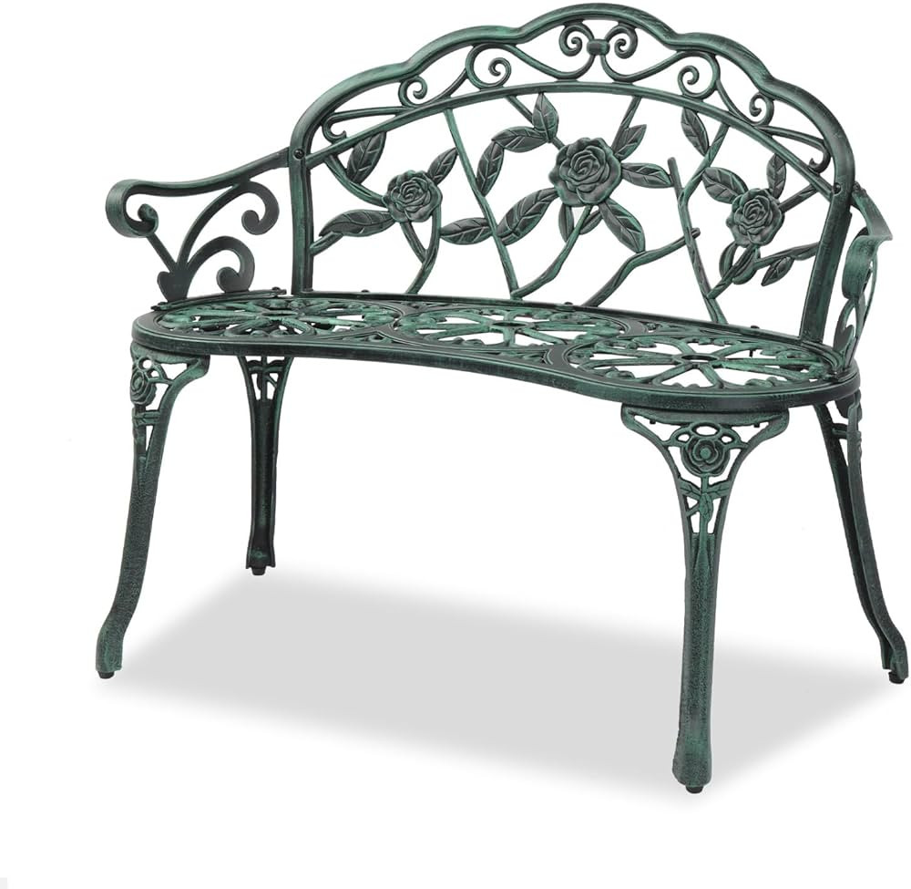 VINGLI 38.5" Patio Park Garden Outdoor Metal Rose Bench,Cast Iron Cast Aluminium Frame Antique Fi... | Amazon (US)