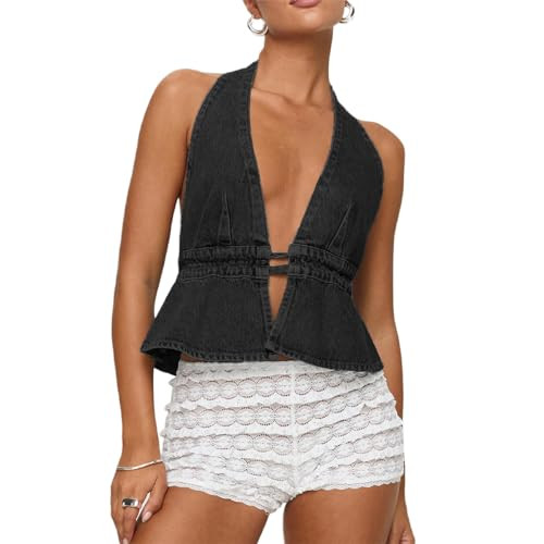Women Y2K Denim Vest Vintage Sexy Sleeveless Backless Tie Back Tank Top Halterneck Jean Vest Top Streetwear (Black, S) | Amazon (US)
