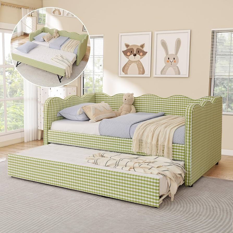 Twin Size Daybed with Pop Up Trundle, Linen Gingham Twin to King Daybed with USB Ports, Upholster... | Amazon (US)