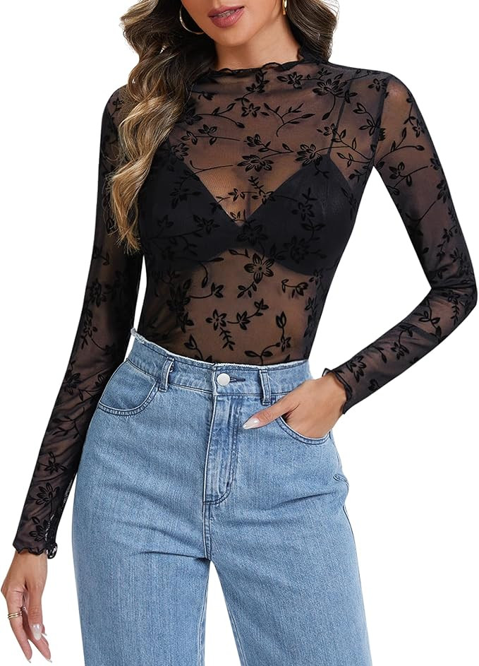 Womens Lace Mesh Long Sleeve Top Floral Sheer See Through Sexy Tops Mock Neck Shirts Party Club N... | Amazon (US)