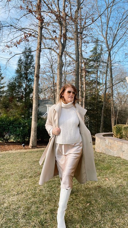 Day 1/15 Winter Chic Outfit Inspo. GRWM to beat the Monday blues in this all white winter outfit 🤍 Love mixing textures for a monochromatic look and a chunky turtleneck/satin skirt is one of my favorite combo. 

#LTKfindsunder50 #LTKstyletip #LTKfindsunder100