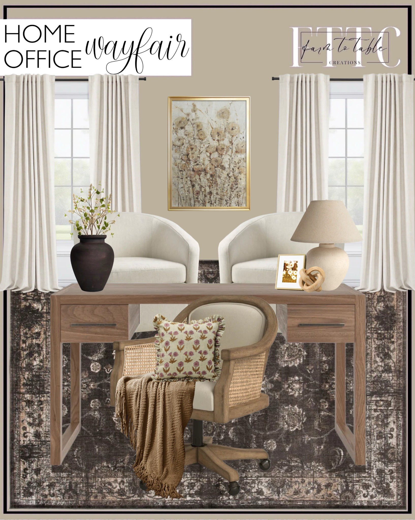 Wayfair Home Office. Follow @farmtotablecreations on Instagram for more inspiration.

Vintage Rug. Modica Solid Wood Desk. Martha Stewart Amber Modern Velvet Swivel Chair. Sesena Solid Wood Home Office Task Chair. Graciella Thermal Insulated Faux Linen Textured 100% Blackout Curtains. Lachina Arnel 1 Inch Window Curtain Rod with Aluminium Finials, Single Curtain Rods for Windows. Framed floral artwork. Terracotta Table Vase. Artificial Berry Branch Sprays - 38" - Green And Cream - Set Of 4. Hive Resin Table Lamp. Ayla Metal Picture Frame with Real Glass Hanging & Tabletop Photo Frames. Chain Knot Decor. Tweed knitted throw blanket. Fabdivine Hand Block Print Double Side Floral Linen Fabric Frill Pillow Cover. 

Home Office | Bedroom Furniture | nightstands | Home Decor| Fireplace Decor | Spring Refresh |  Bedroom Finds | Neutral Stems | Spring Stems | Bookshelf Decor | Bedroom Space | Cozy  Corner | Bathroom | Curated Entryway | Spring  Decor | End of Year Clearance | Trending Decor | Viral Decor  | Coffee Table Decor | Neutral Decor | Fall Stem Sale | Target Finds | Skinny Bench | Bedroom | Living Room | Breakfast Nook | Amazon Home | Target Sale | Loloi Rugs | Magnolia Home | console table | console table styling | faux stems | entryway space | front porch decor | neutral decor | entryway decor | cozy home | affordable decor |  home decor | home inspiration | console styling | entryway rug | cozy moody home | moody home decor | neutral home | bathroom decor | living room | spring decor | Hearth & Hand | Studio McGee | 2025 Home Trends | trending home | Crate&Barrel 




#LTKHome #LTKSaleAlert #LTKFindsUnder50
