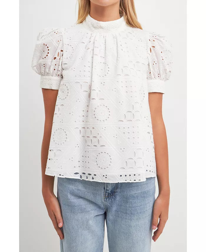 Women's Broderie Anglaise Puff Sleeve Top | Macy's