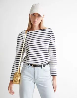 & Other Stories organic cotton stripe print long sleeve T-shirt in navy | ASOS (Global)