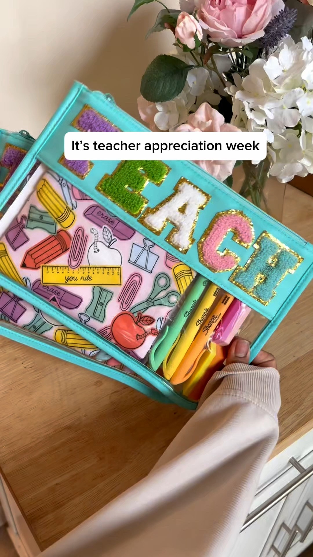 Comment “Teacher” to get the links! Teacher Appreciation Week is coming up, and I wanted to get a little head start on creating something extra special 🤍  

There is just something about a handmade gift that feels more person.

I found this fabric at Hobby Lobby and instantly fell in love. The colors are so vibrant, so happy, and I just knew it had to be turned into something for our teachers. I wasn’t exactly sure what I was going to make at first… but this little pouch ended up being perfect ✨  

I sewed each one myself during small pockets of time (hello, twin nap windows 😅), and then used my Cricut to customize them with each teacher’s name to make them feel even more special.  

Inside, I added a few fun teacher goodies, a handwritten note (because that always matters most 💌), my planner from my Blue Sky collection available at Office Depot, and of course… coffee shop gift cards because let’s be real… teachers deserve ALL the coffee ☕️  

I truly love how these turned out, and I really hope they feel how appreciated they are when they receive them 🥹  

If you want to recreate these teacher pouches + see everything I added inside, comment “teacher” and I’ll send you all the links 🤍 #teacherappreciationweek #teachergifts #diygifts #handmadegifts #sewingproject #cricutprojects #giftideasforteachers #momlife #momof5 #creativegiftideas #smallbusinessowner #plannergirl #officedepotfinds