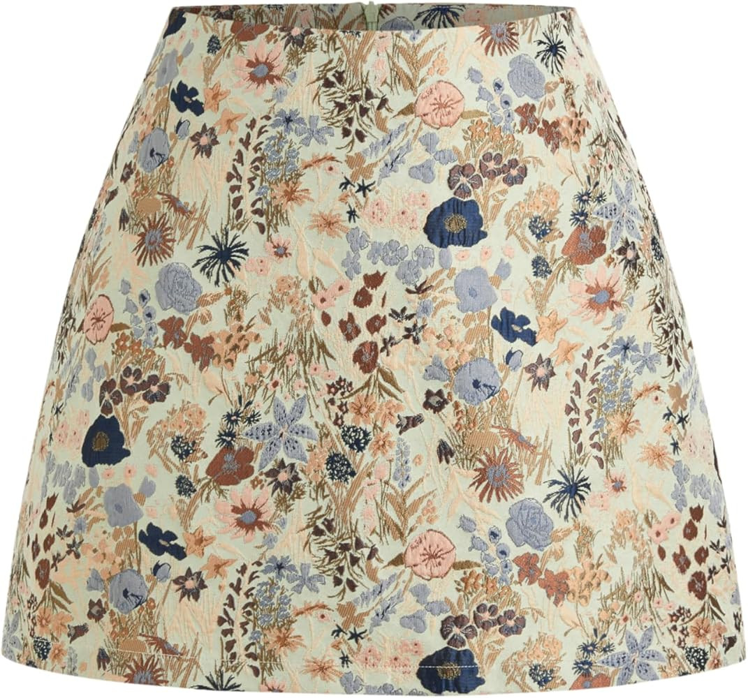 CIDER Mini Skirt Floral Jacquard Mid Waist A Line Skirts for Women Short Zipper Party Clubbing Date Casual | Amazon (US)