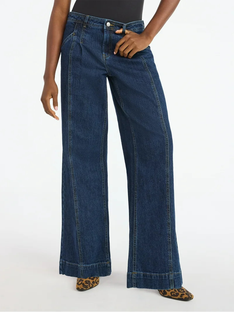 Scoop Women’s Pleated Wide Leg Jeans, Sizes 0-18 | Walmart (US)
