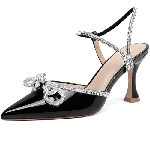 Susanny Black Rhinestone Heels for Women Bow Heels Evening Party Ankle Strap Closed Toe Pumps Office Kitten Heeled Dress Heeled Prom Shoes 9 | Amazon (US)