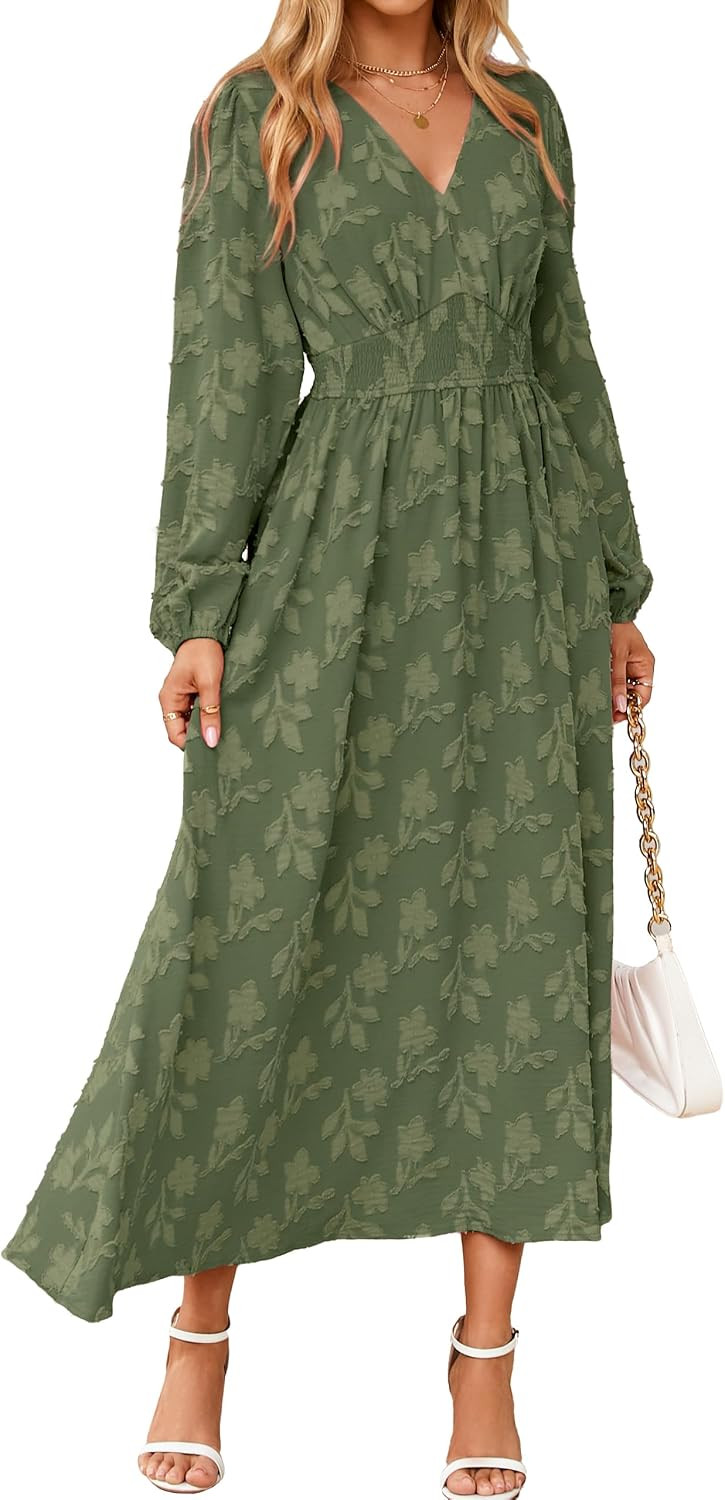 Simplee Womens Boho Floral Long Sleeve Maxi Dress V Neck Empire Waist Fall Wedding Guest Dresses with Pockets | Amazon (US)