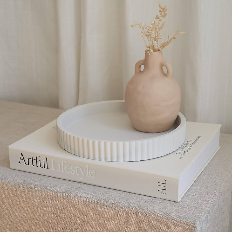 Decorative Concrete Tray & Book Decor Set - Scalloped Tray & Linen Box Enhance Your Coffee Table ... | Amazon (US)