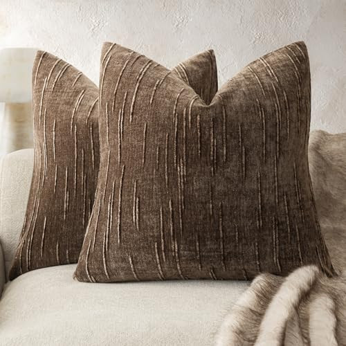 Foindtower Pack of 2 Slubby Textured Chenille Throw Decorative Pillow Covers Square Accent Solid Cushion Cover Cozy Soft Farmhouse Pillow Case for Couch Sofa Bedroom Living Room 20x20 Inch,Dark Brown | Amazon (US)