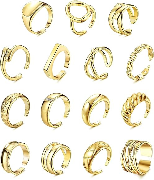 CASSIECA 15 Pcs Chunky Dome Rings for Women Men Open Thick Twisted Signet Stacking Band Rings Adj... | Amazon (UK)
