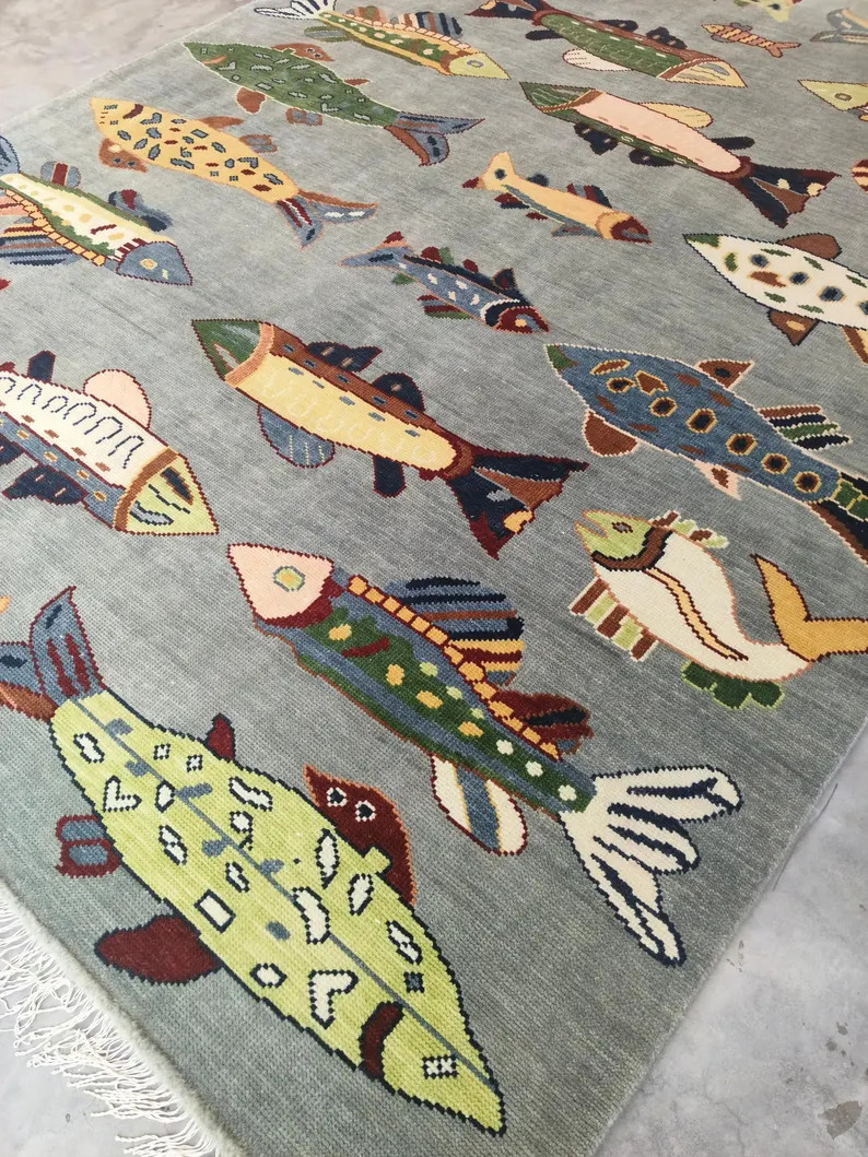Vibrant Fish Motif Hand Knotted Rug | Lively Folk Artwork Carpet | Eclectic Playful Contemporary ... | Etsy (US)