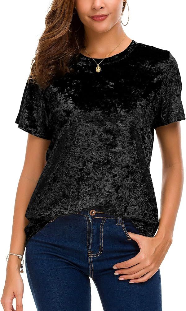 Women's Crew Neck Velvet Top Short Sleeve T-Shirt | Amazon (US)