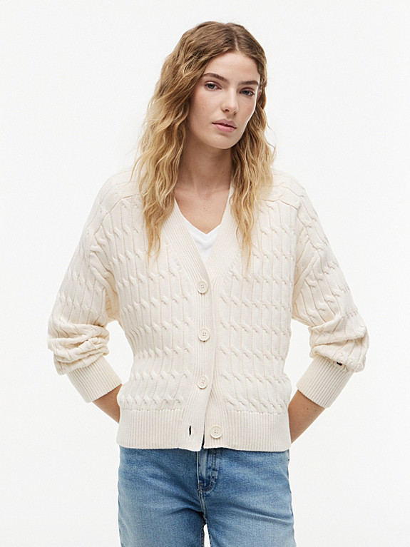 Cable Knit Oversized V-Neck Cardigan | Beige | Tommy Hilfiger | Tommy Hilfiger UK