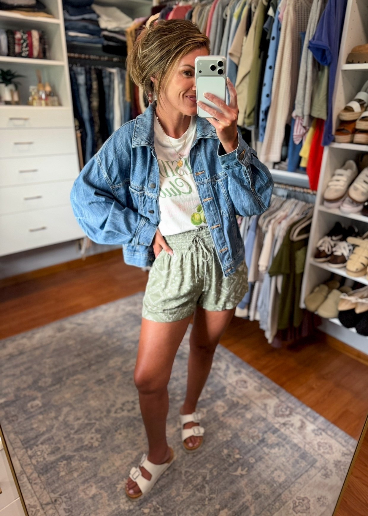 Casual spring outfit idea. Easy pieces to throw on and go. 
Jacket/small
Tee/small
Shorts/ large 

#LTKSeasonal #LTKOver40 #LTKSaleAlert
