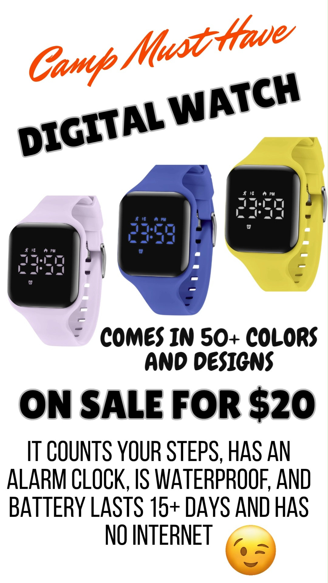 If your camp does not allow smartwatches this is such a good camp option 👏  

✔️ Counts steps
✔️ Alarm clock
✔️ Waterproof
✔️ 15+ day battery life
✔️ Tons of colors/designs
✔️ NO internet or apps 🙌

Honestly one of my favorite camp finds because it still gives kids the “smartwatch feel” without the camp rule headaches 😂

Logans been wearing hers every summer!  

 