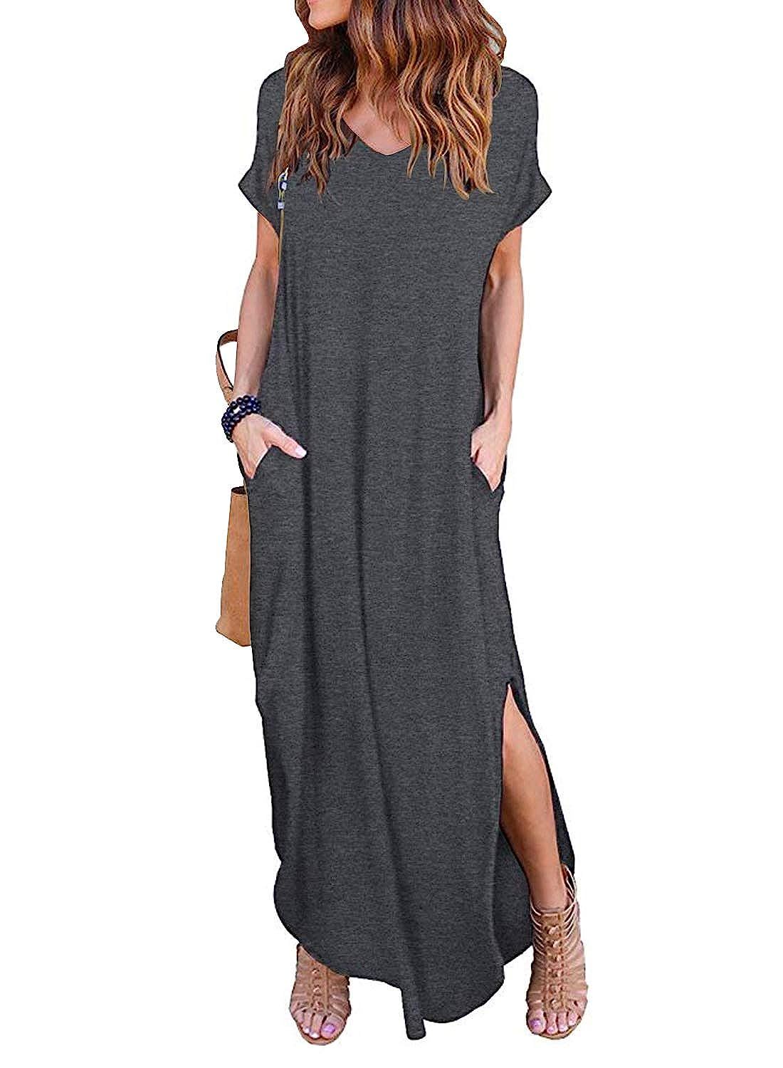 Women's Short Sleeve V Neck Pocket Casual Side Split Beach Long Maxi Dress | Amazon (US)