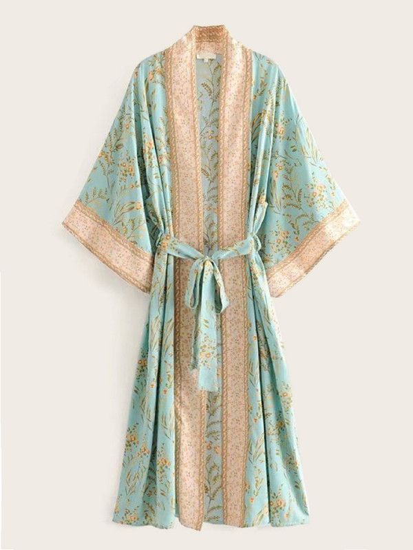Tribal Floral Print Belted Kimono | SHEIN