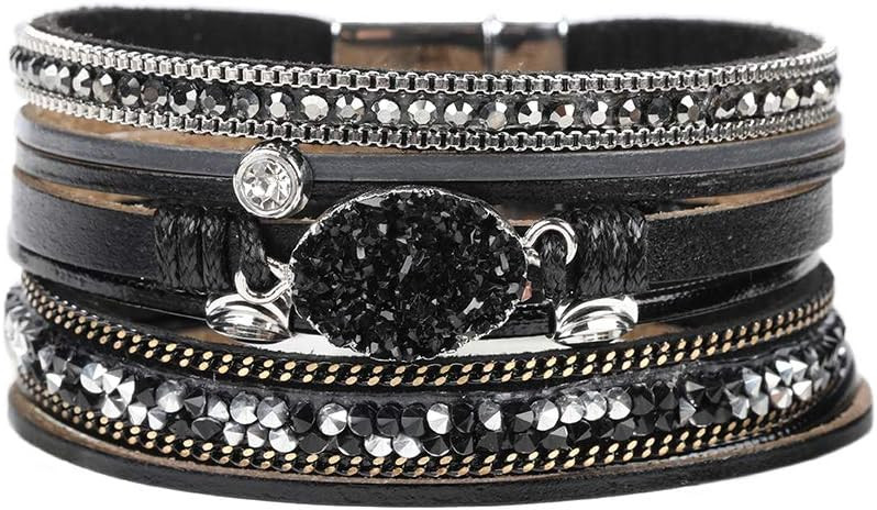 Multilayer Leather Bracelet Handmade Crystal Wrap Bangle with Magnetic Clasp Leather Wrap Bracele... | Amazon (US)