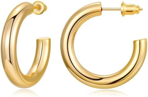Gacimy Chunky Hoop Earrings for Women 14K Gold Plated, 925 Sterling Silver Post Hoops for Women | Amazon (US)
