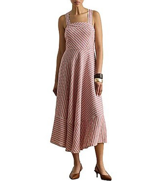 Lauren Ralph Lauren Voile Stripe Print Square Neck Sleeveless Fit And Flare Midi Dress -  8 | Dillard's