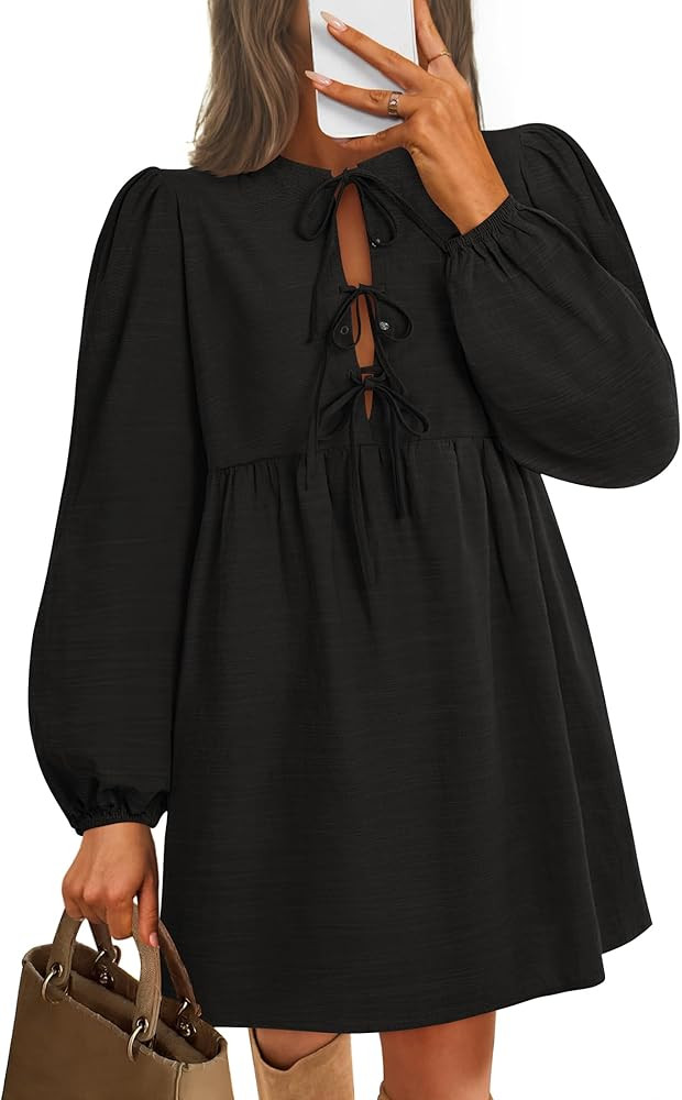ZESICA Women's Dress Fall Long Puff Sleeve Self Tie Front Babydoll A Line Pleated Cute Mini Tunic... | Amazon (US)