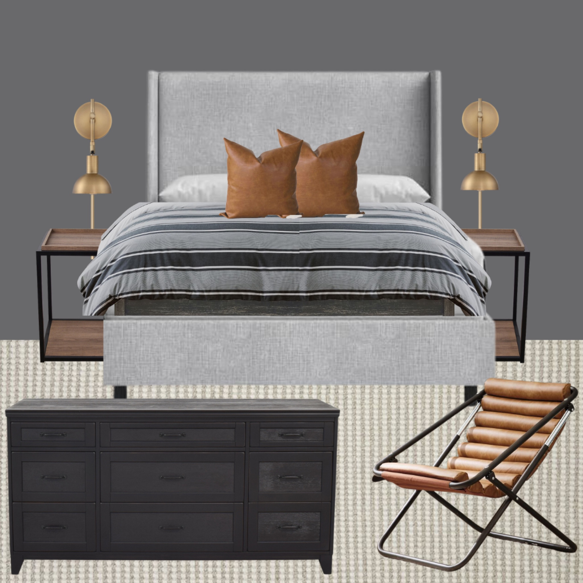 Moody boys bedroom. 
Upholstered bed. Black dresser. Vegan leather chair. Sconces. Night stands. Leather pillows  

#LTKhome