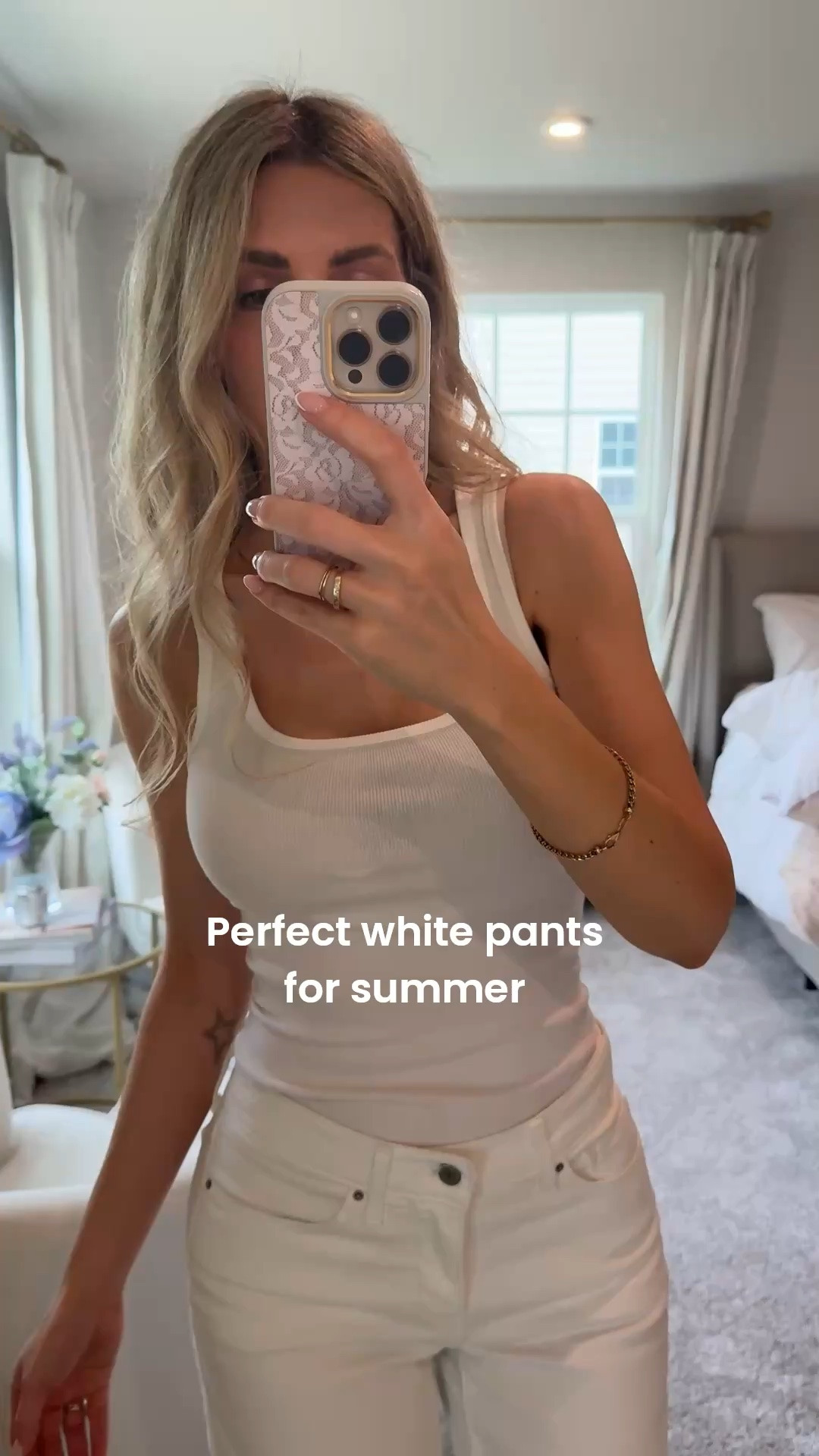 The perfect white jean! Mid rise, super stretchy, wide leg, white Levi’s for summer. 

Sits just below belly button. 
I’m 5’9 and the normal inseam works if you’re gonna wear them with flats or flip-flops 

Paired with a target tank 
￼￼

#LTKootd #LTKOver40 #LTKTall