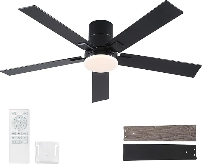 52 Inch Ceiling Fans with Lights and Remote,Flush Mount Black Ceiling Fan with 5 Blades,6 Speed R... | Amazon (US)