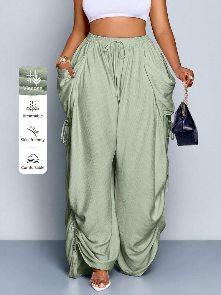 SOLERSUN Plus Size Women's Solid Color Pleated Drawstring Waist Casual Loose Wide Leg Pants, Various Designs And Fashion Sense Pants With Large Pockets, Simple And Versatile Pants, Suitable For Concerts, Christmas, Halloween, New Year, Romantic Dates, Daily Wear Pants, Suitable For Fall, Winter, All Seasons | SHEIN | SHEIN
