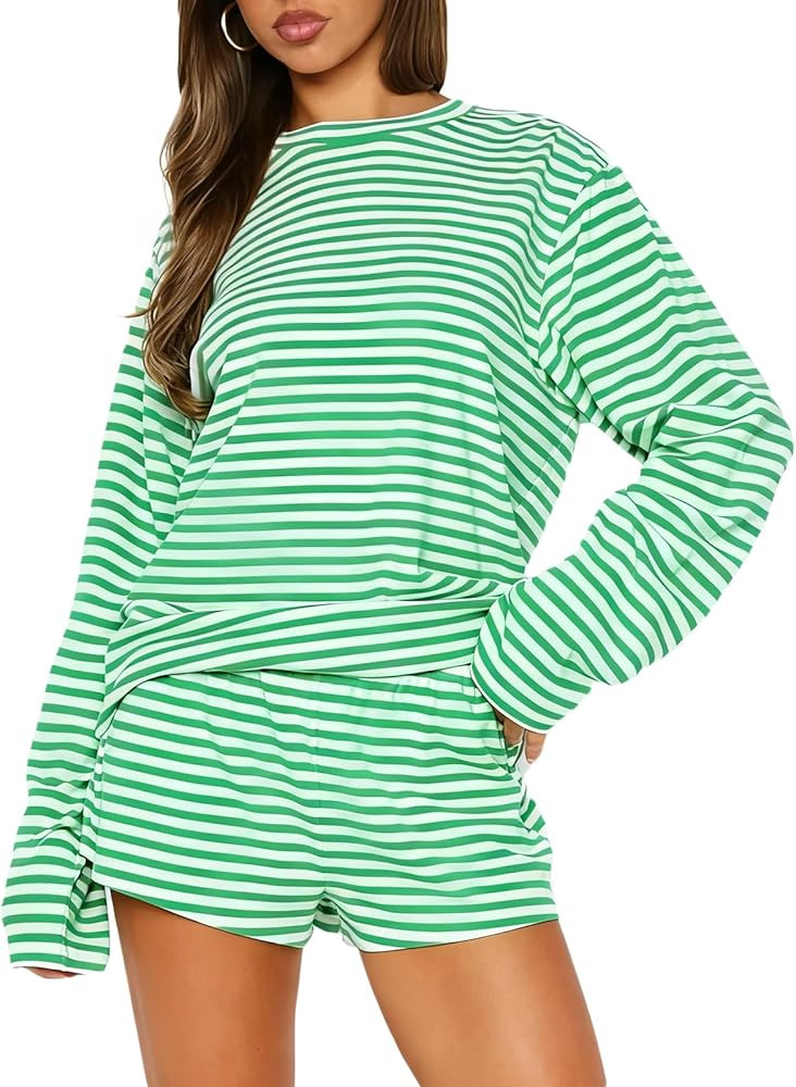 RUEWEY Women Striped Pajamas Set Crewneck Long Sleeve Loose Top Shorts Two Piece Lounge Sets | Amazon (US)