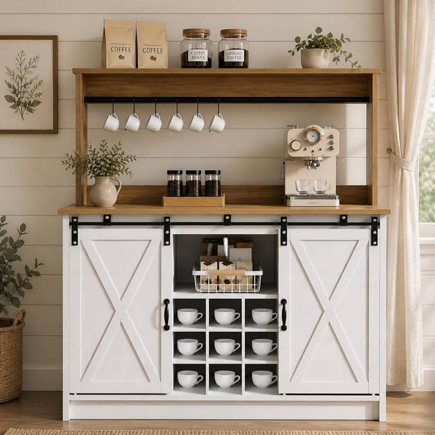 4ever2buy Farmhouse Coffee Bar with Hutch, Coffee Bar with Storage & 6 Hooks, 47 Inch Bar Cabinet... | Amazon (US)