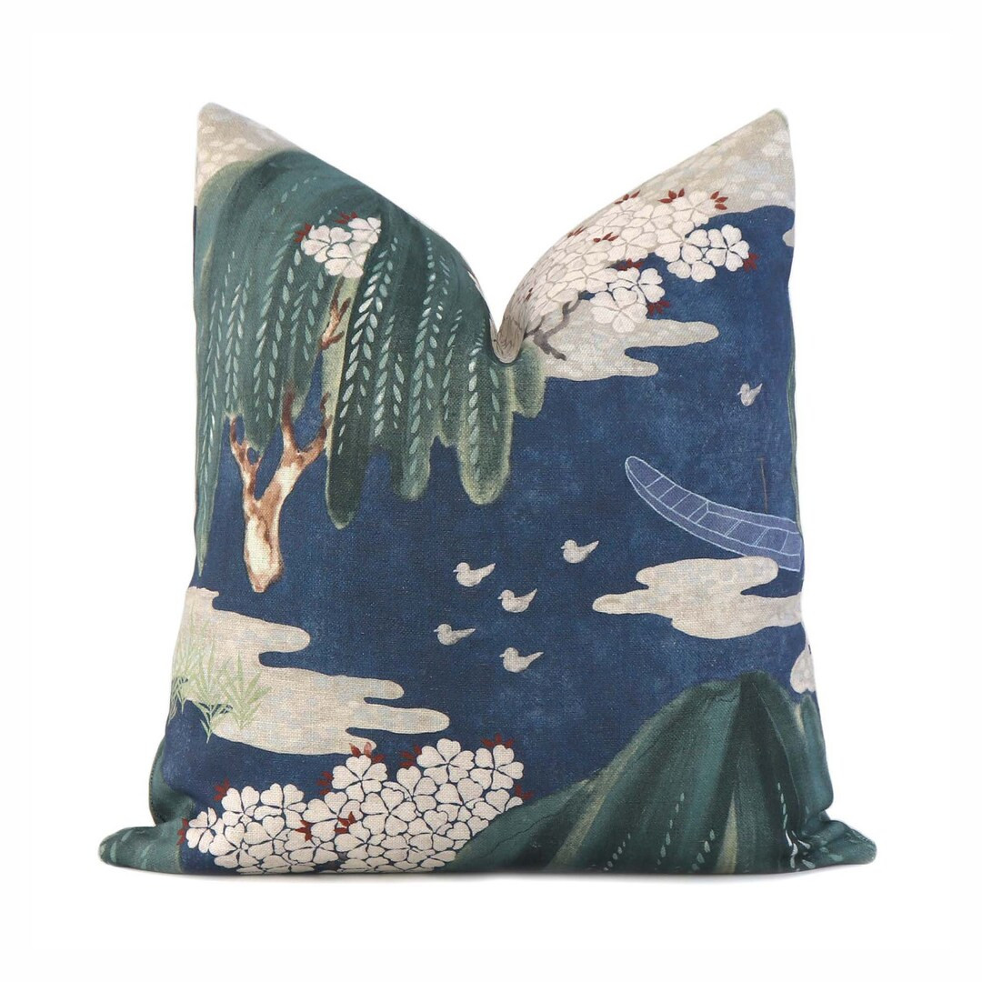 Thibaut Willow Tree Navy Blue Decorative Throw Pillow With Gold Zipper, Chinoiserie Cherry Blosso... | Etsy (US)