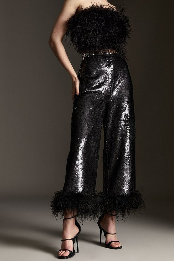 Tall Feather & Sequin Wide Leg Pants | Karen Millen US