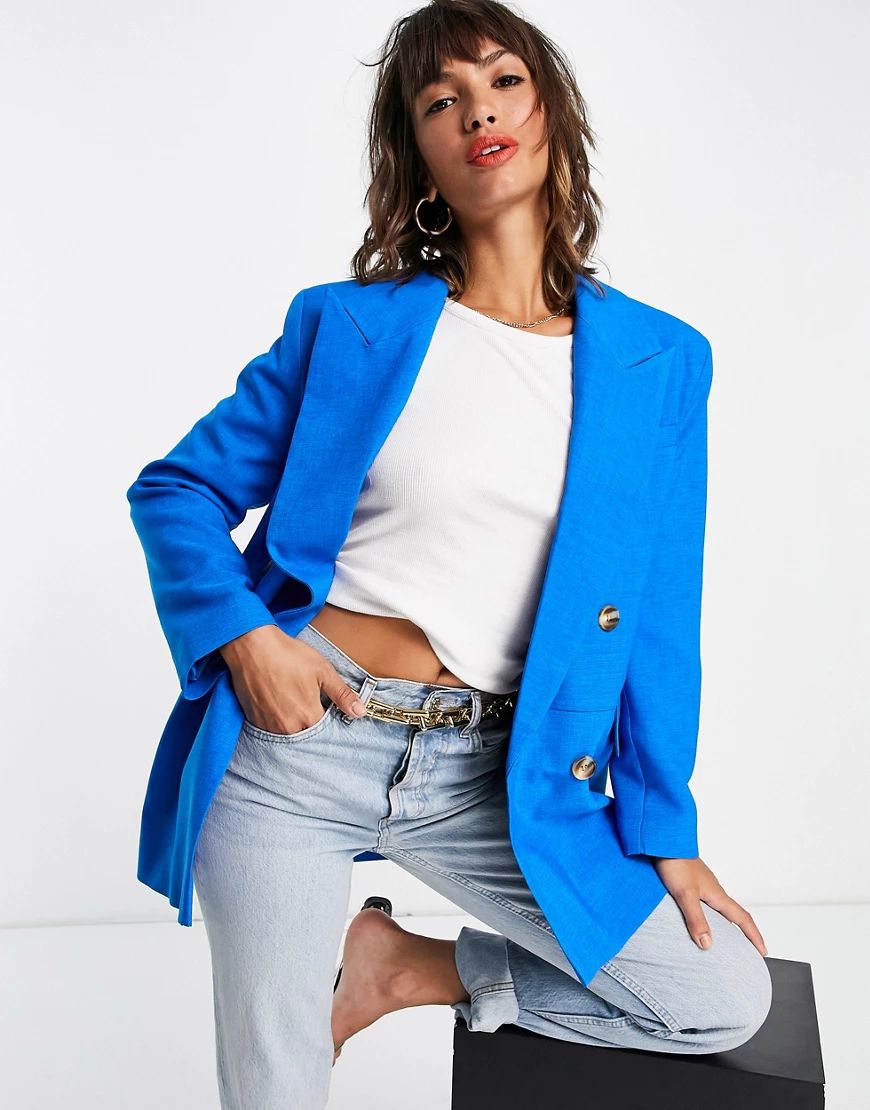 Topshop double breasted bold shoulder blazer in bright blue-Blues | ASOS (Global)