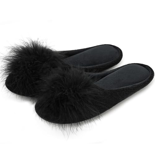 GRITHEIM Women's Fuzzy Pom Pom Feather Velvet House Slippers Sexy Cozy Bedroom Slippers for Ladies Non-slip Sole Indoor Outdoor Black Knit 11-12 | Amazon (US)