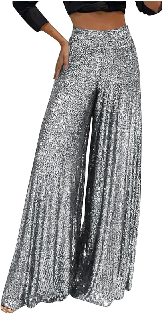 Formal Pants for Juniors Summer Fall Loose Fit Sequin Bling High Cut Flare Wide Leg Pants Women 2... | Amazon (US)