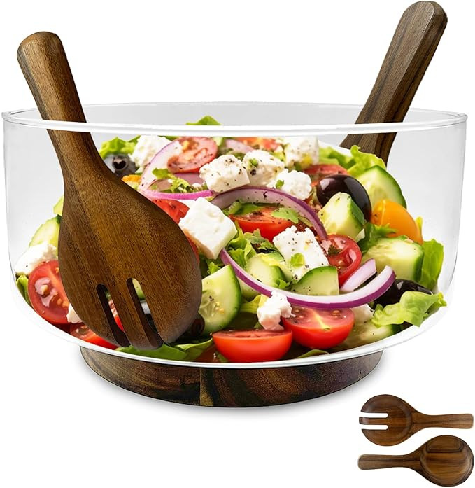 Premium Large Glass Salad Bowl Set with Acacia Wood Base and Serving Utensils - Ideal for Hosting... | Amazon (US)