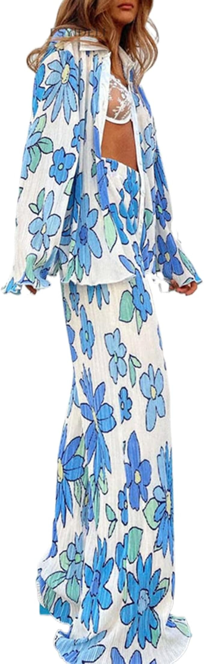 NUFIWI Women Y2K 2 Piece Pants Set Oversized Floral Printed Button Down Shirt High Waist Pants Ou... | Amazon (US)