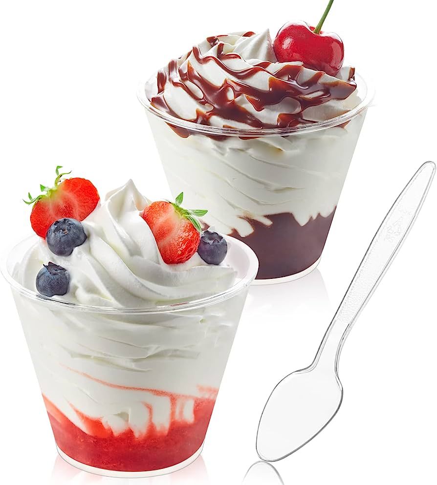 50 Pack 5 oz Plastic Dessert Cups with Spoons, Mini Mousse Cup Round Pudding Cups Party Serving B... | Amazon (US)