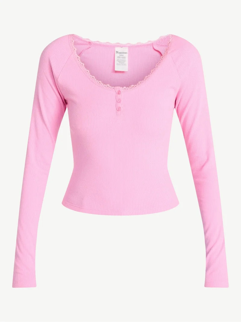 No Boundaries Long Sleeve Henley Top with Lace Trim, Women's XXS-XXL | Walmart (US)