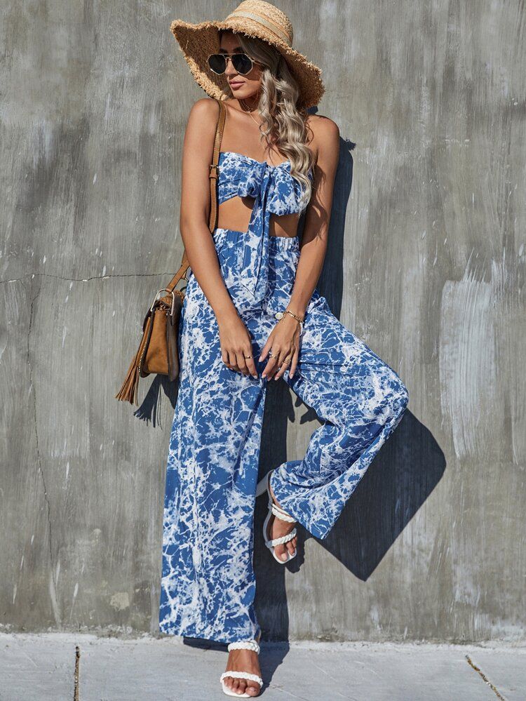 Tie Front Tube Top and Tie Dye Wide Leg Pants Set | SHEIN
