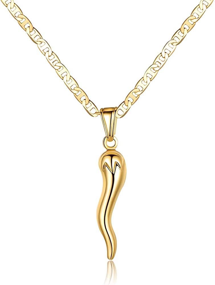 Barzel 18K Gold Plated Flat Marina Chain With Italian Horn Necklace Cornicello - Made In Brazil | Amazon (US)